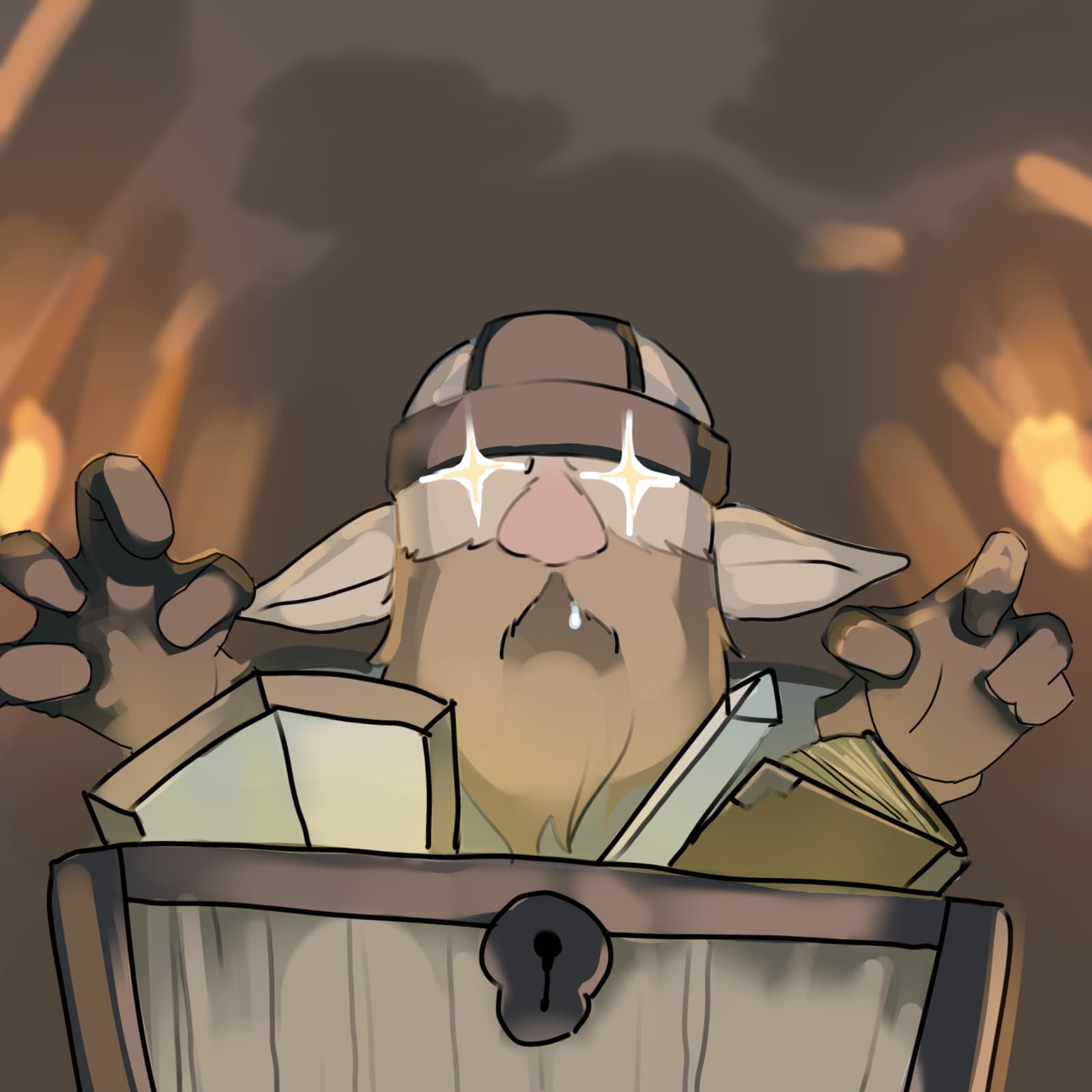 A bard bursting out of a treasure chest in a fire-lit chamber